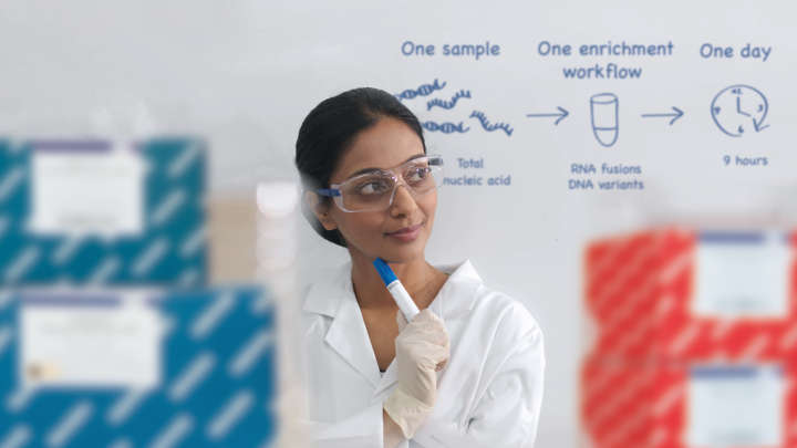 QIAseq Multimodal, scientist in front of whiteboard, illustration, total nucleic acid, genomics,